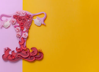 Utérus stylisé sur fond rose et jaune