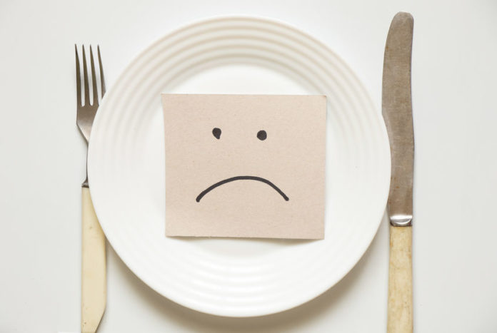 Assiette vide avec emoji triste, fourchette, couteau